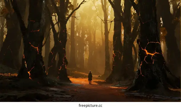 A lone figure walks through a surreal forest with glowing tree trunks