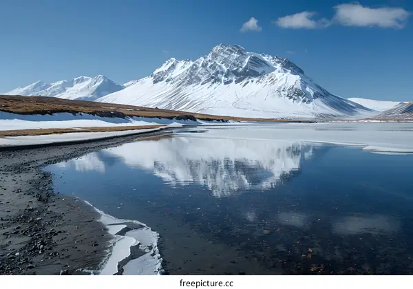 Mountains and a body of water with snow on the ground