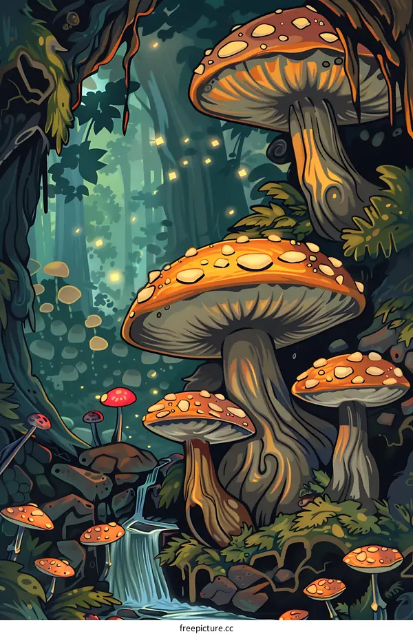 Fantasy Forest with Giant Mushrooms and Waterfall