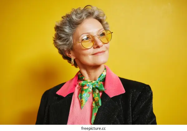 Stylish Senior Woman in Trendy Outfit Against Bold Yellow Background