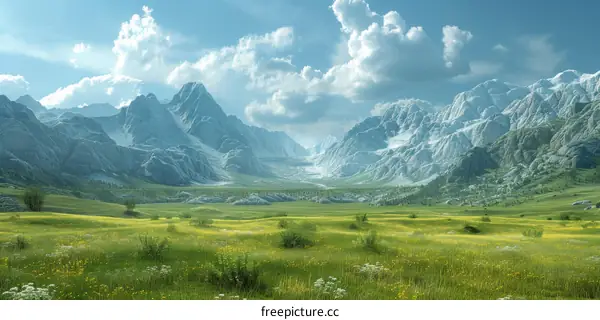 A valley framed by snow-capped mountains