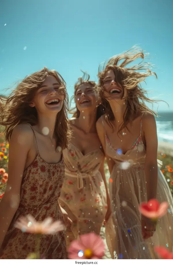 Three young women are laughing and walking in a field of flowers with the ocean in the background