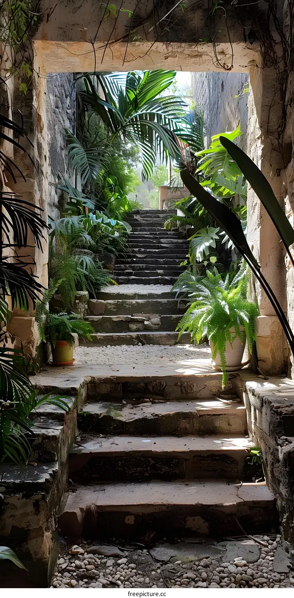 Stone Steps Leading Up To A Tropical Garden