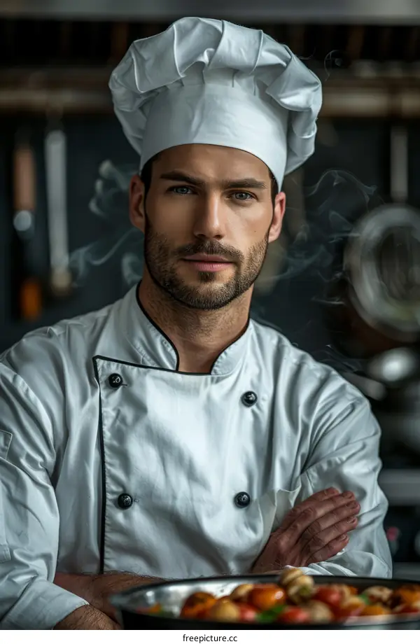 Portrait of a male chef in a white uniform with crossed arms