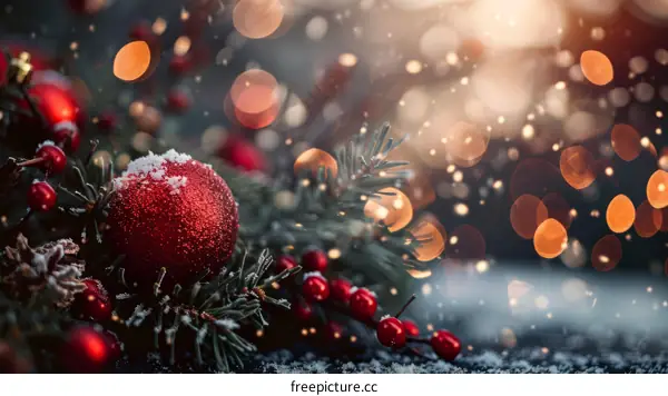 Red Christmas Ornament With Berries And Pine On Snowy Table