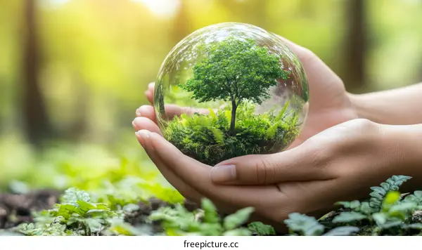 Hands Holding a Crystal Ball with a Miniature Tree