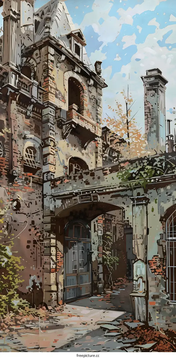 Old European Building Facade Illustration with Broken Windows and Vines