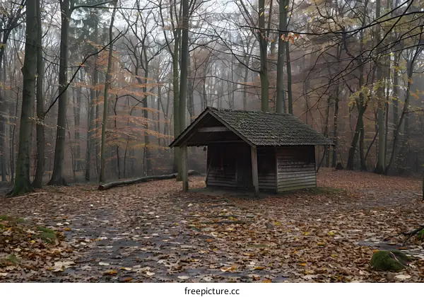Small wooden cabin in the middle of a dense forest with fallen leaves on the ground