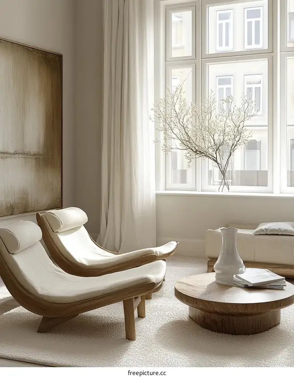 Modern Minimalist Living Room with Wooden Loungers