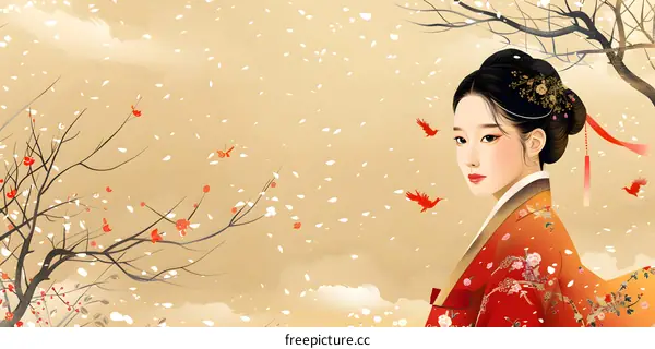 Beautiful Asian Woman in Traditional Hanbok Dress, Winter Snowfall with Red Birds and Flower