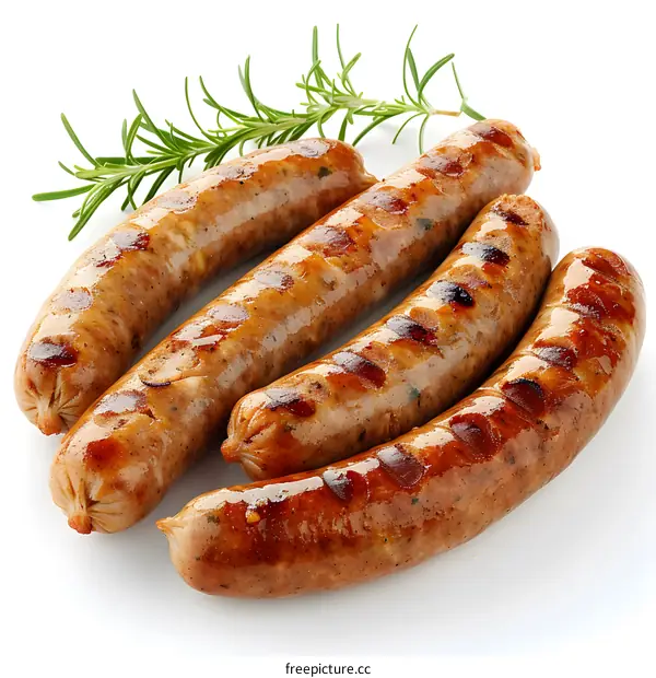 Grilled sausages with rosemary on a white background