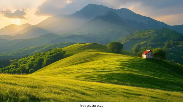 Red Roof House on Green Hill with Mountain Sunset