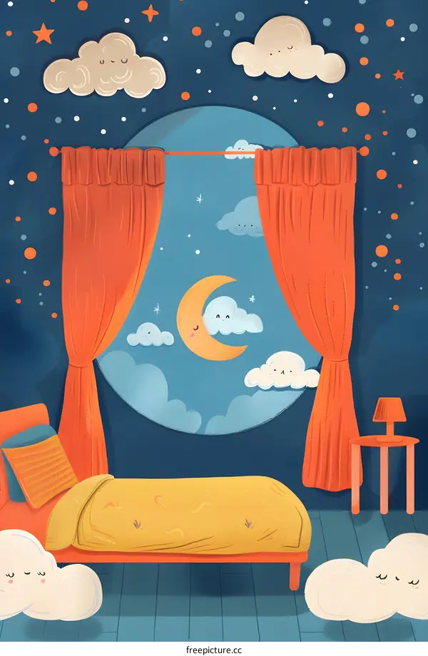Night Sky Bedroom Illustration with Cute Clouds and Moon