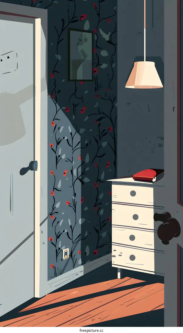 Bedroom Interior with Floral Wallpaper, Wooden Floor, and a Hanging Lamp