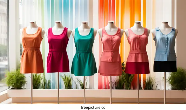 Colorful clothes displayed on mannequins in a store