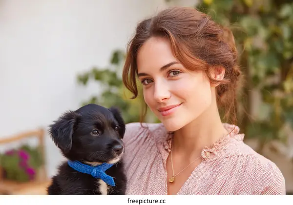 Woman Holding Adorable Puppy Outdoors
