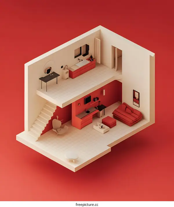 Minimalist Interior Design Illustration of a Red and White Apartment