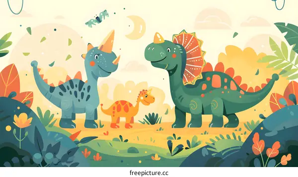 Cute Cartoon Dinosaurs with a Yellow Background