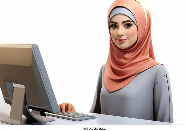 A young Muslim woman wearing a hijab is sitting at a desk and working on a computer.