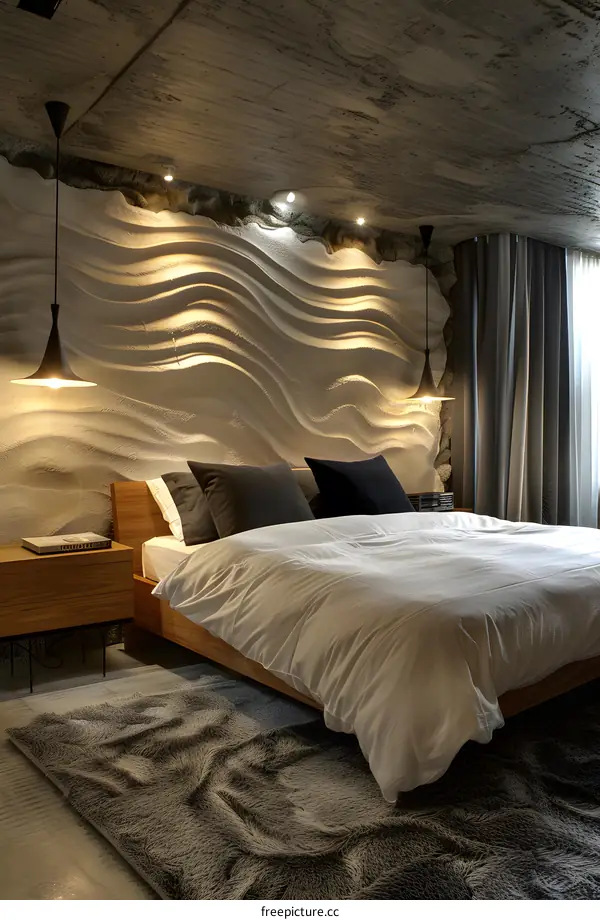 Amazing bedroom interior design with concrete wave wall and soft lighting