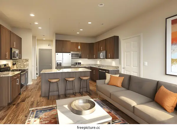 kitchen island wood floor living room