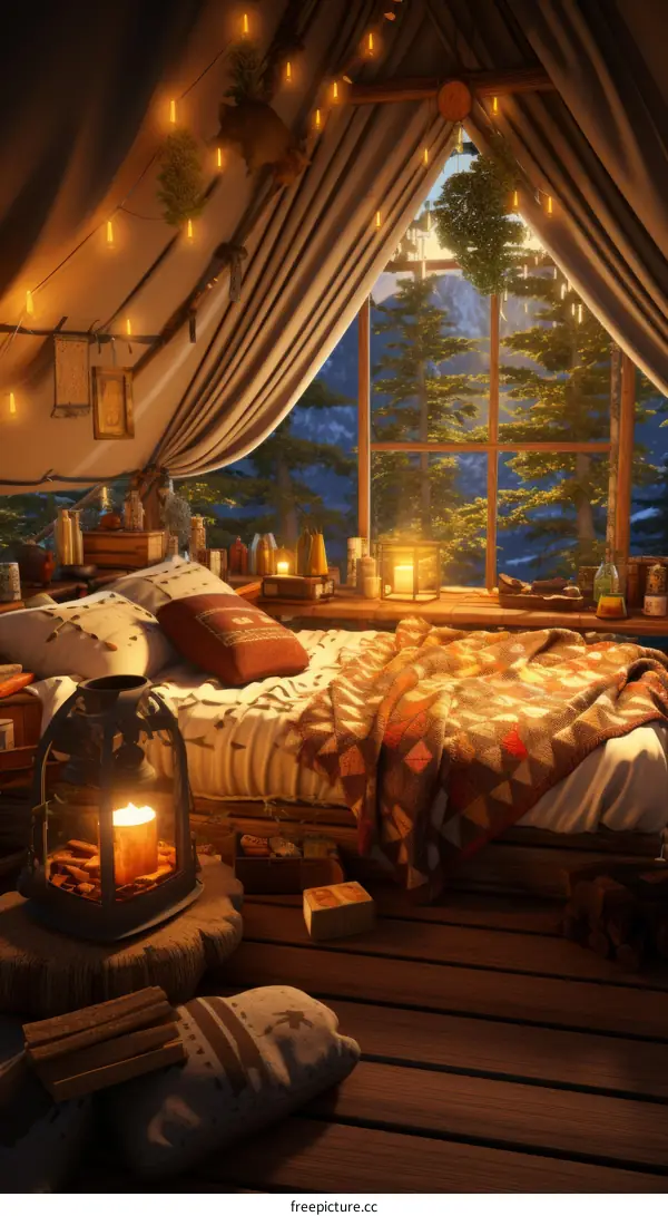 Cozy Cabin Bedroom with a Romantic View of the Snowy Forest Landscape
