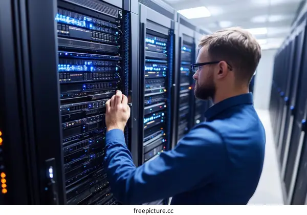 Technician Working on Server Rack in Data Center