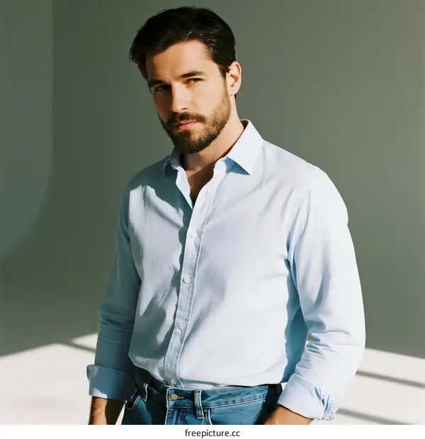 A man wearing a light blue shirt and blue jeans standing against a plain background