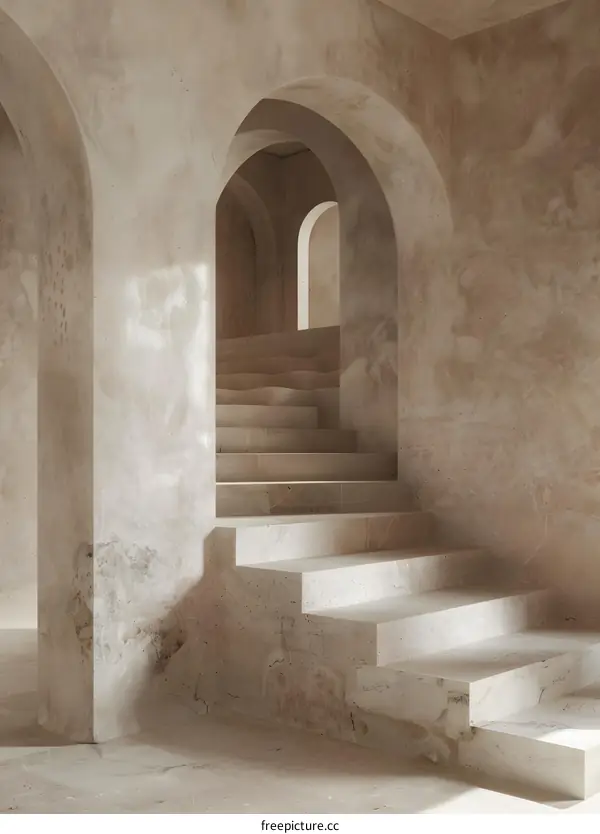 Stone Staircase and Arched Entrance in a Modern Building