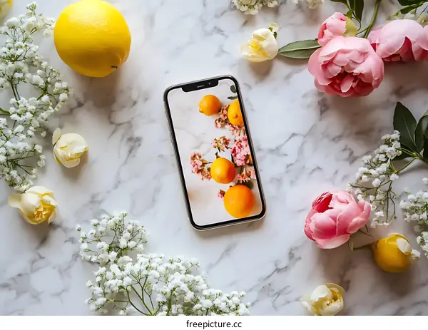 Flat Lay Photography with Flowers and Lemons on a Marble Background