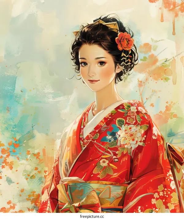 A beautiful Japanese woman in a red kimono with a flower in her hair