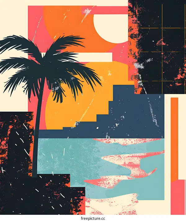Abstract Tropical Sunset With Palm Tree Collage