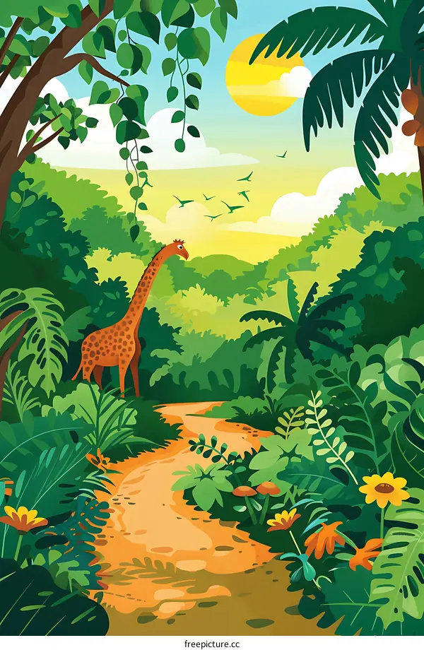 Jungle Path with Giraffe and Birds Illustration