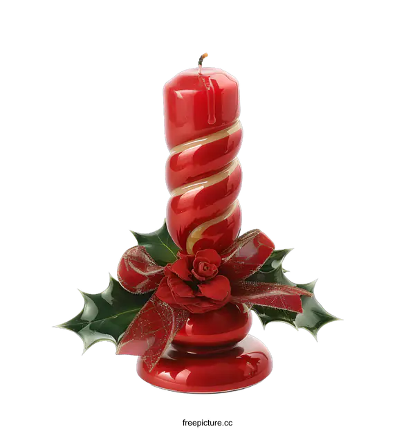 [Transparent Background PNG]Red Christmas Candle with Holly and Ribbon