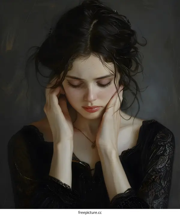 portrait of a beautiful young woman with dark hair wearing a black dress