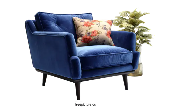 [Transparent Background PNG]Elegant Blue Velvet Armchair with Floral Cushions