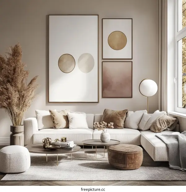 Modern Beige Living Room Decor with Abstract Art