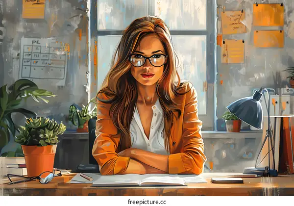 portrait of a young woman in glasses sitting at a desk