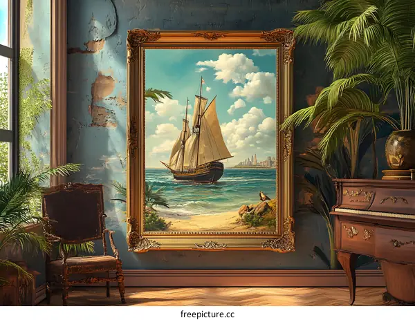 Classic Oil Painting of a Sailboat in a Gold Frame in a Room
