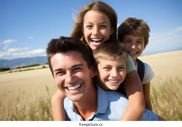 Happy family of four in a wheat field