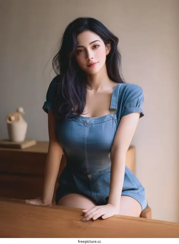 Beautiful Asian Woman in Denim Jumpsuit