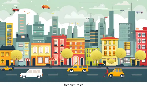 Cityscape with Buildings, Cars and People