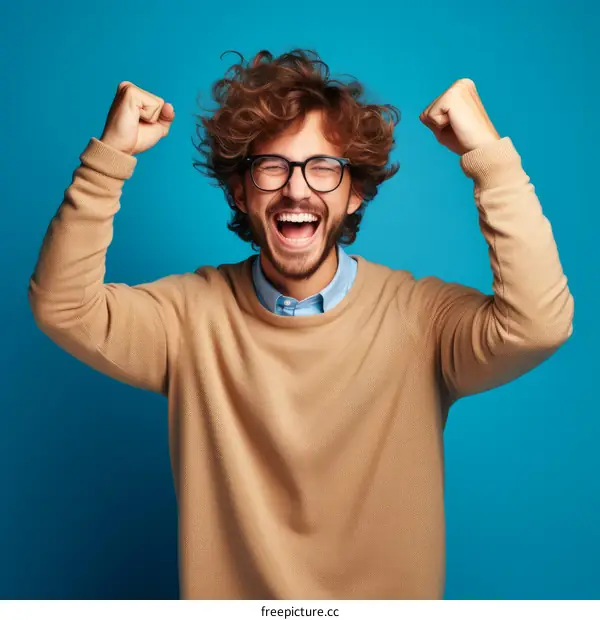 Ecstatic bearded man in glasses celebrating his success