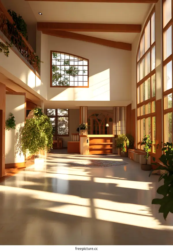Modern Interior Design of a Lobby with Sunlight Streaming Through Windows
