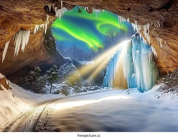 Winter Wonderland Cave with Aurora Borealis and Light Beams