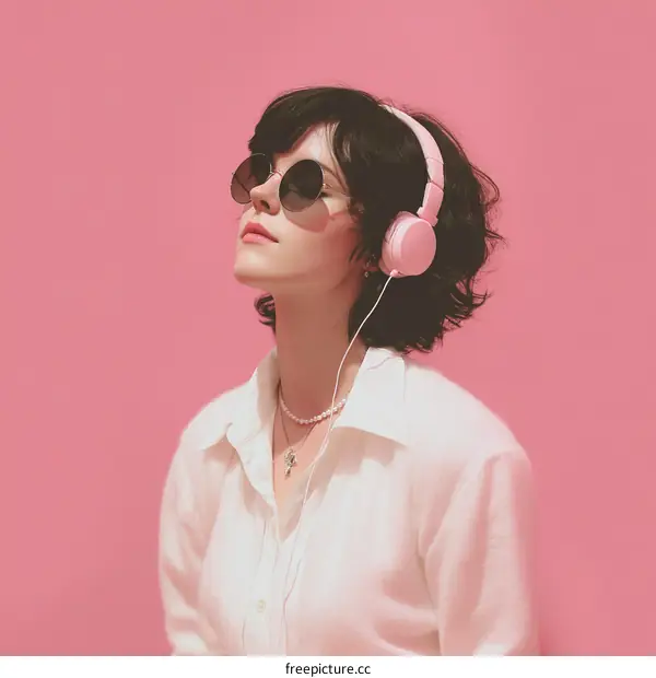 Stylish Woman Wearing Pink Headphones and Sunglasses