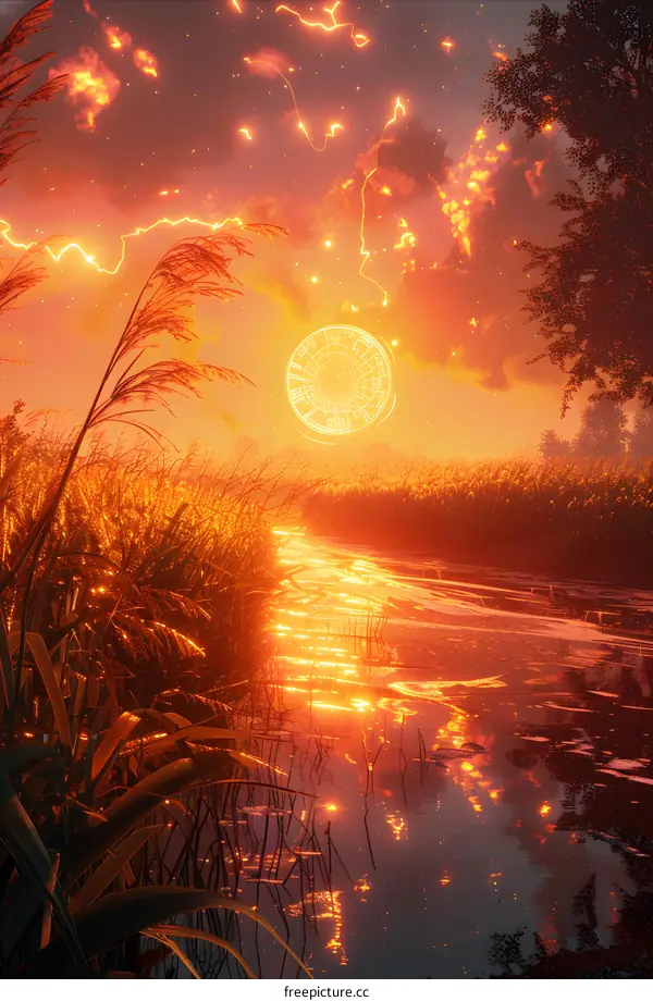 Mystical River at Sunset with Astrological Symbol