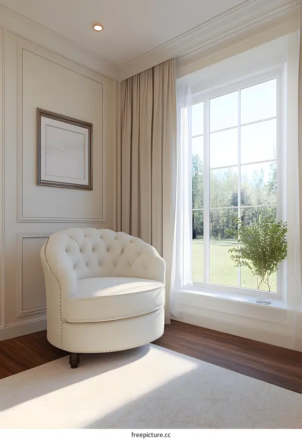 White Upholstered Armchair Near Window In Living Room
