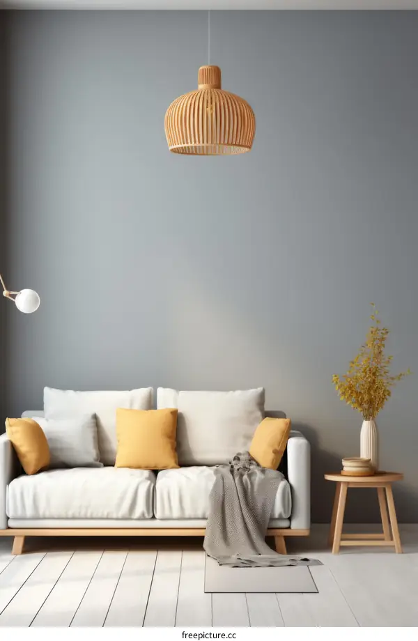 Airy and bright living room with sofa, coffee table, and plant