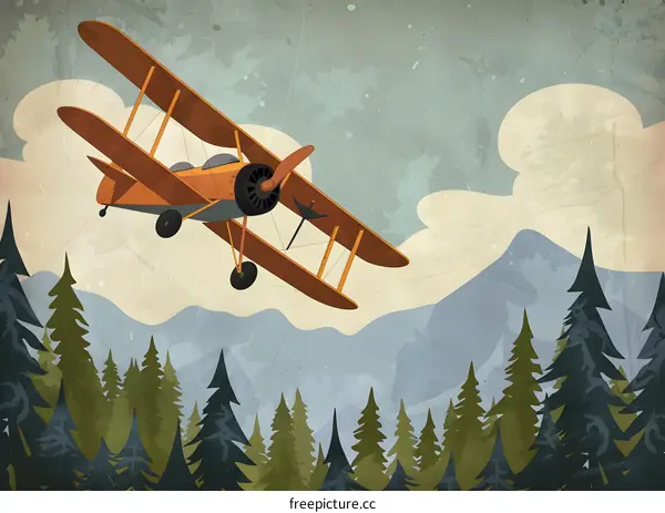 Vintage Airplane Flying Over Mountain Forest